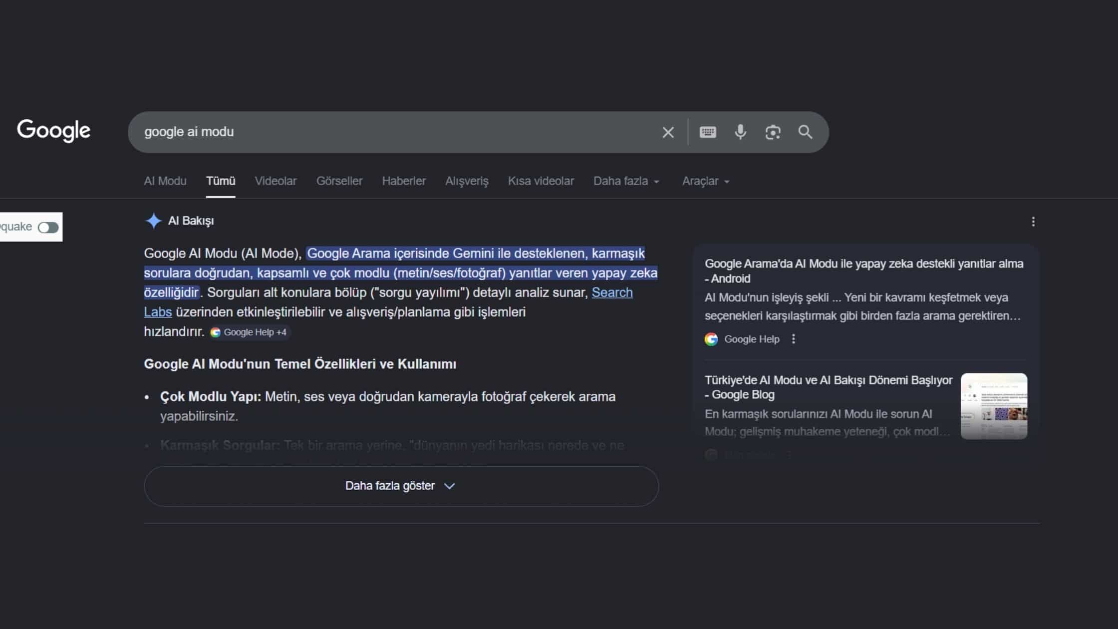 google ai modu görüntüsü